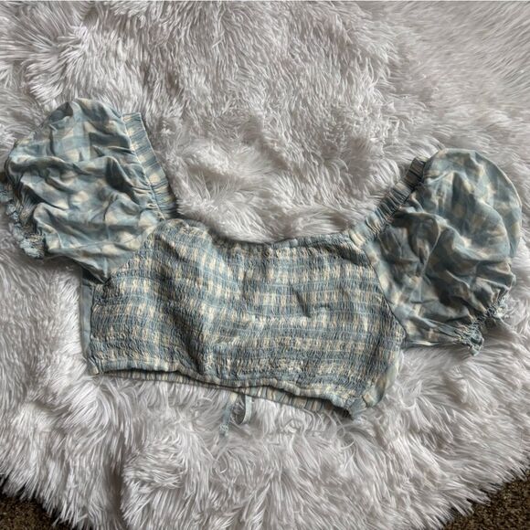 Aeropostale Checkered Crop Top Puffy Sleeves New Blue White Womens Size XS - Picture 2 of 7